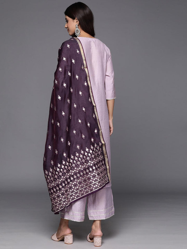 Mauve Solid Silk Blend Straight Kurta With Palazzos & Dupatta - ShopLibas