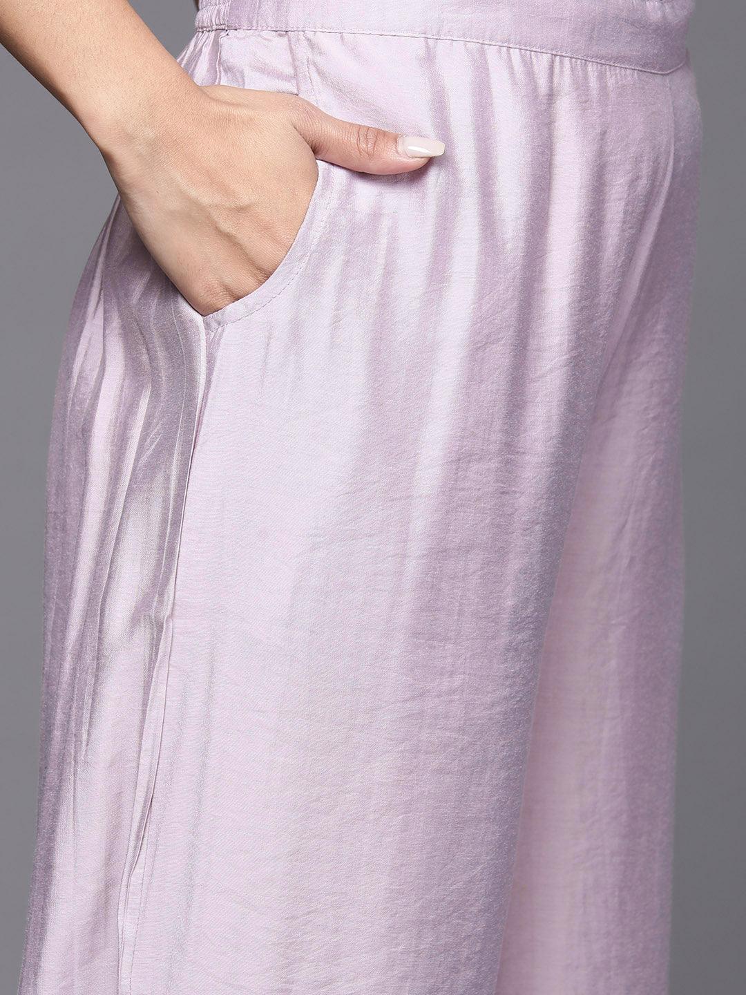 Mauve Solid Silk Blend Straight Kurta With Palazzos & Dupatta - ShopLibas