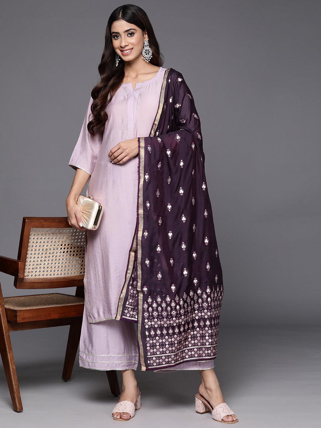 Mauve Solid Silk Blend Straight Kurta With Palazzos & Dupatta - ShopLibas