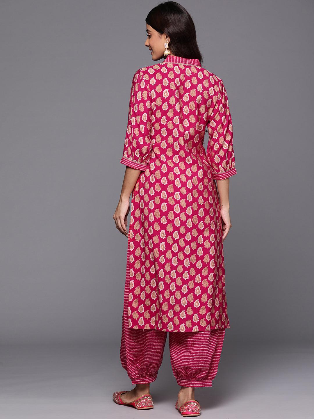 Pink Printed Silk Blend Straight Kurta Set