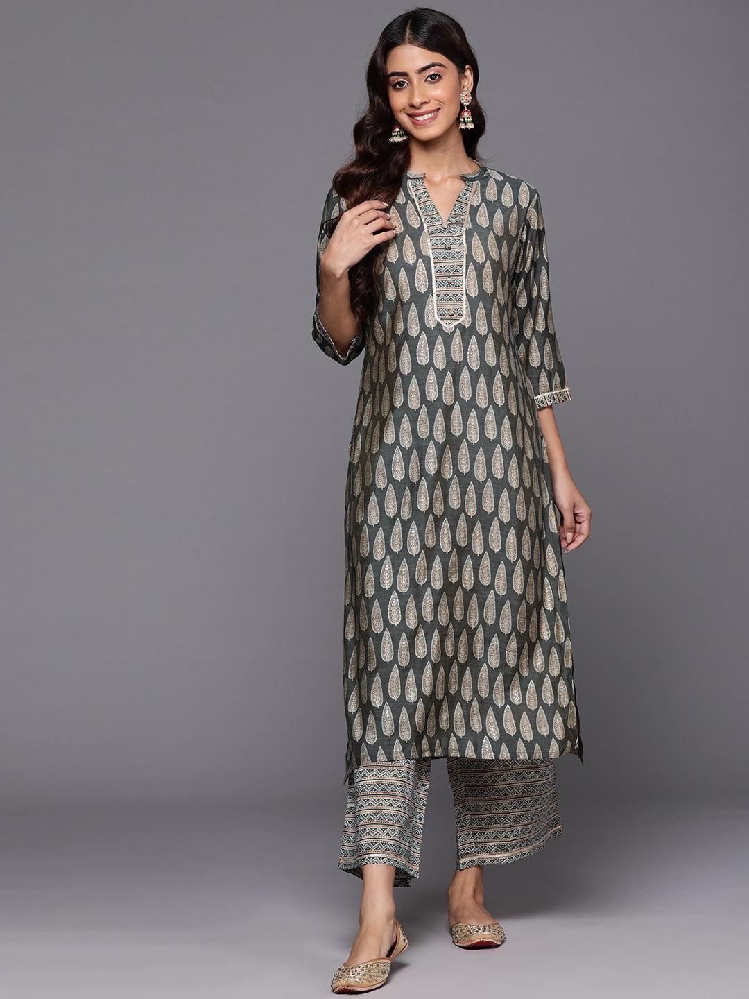 Olive Printed Silk Blend Straight Kurta Set