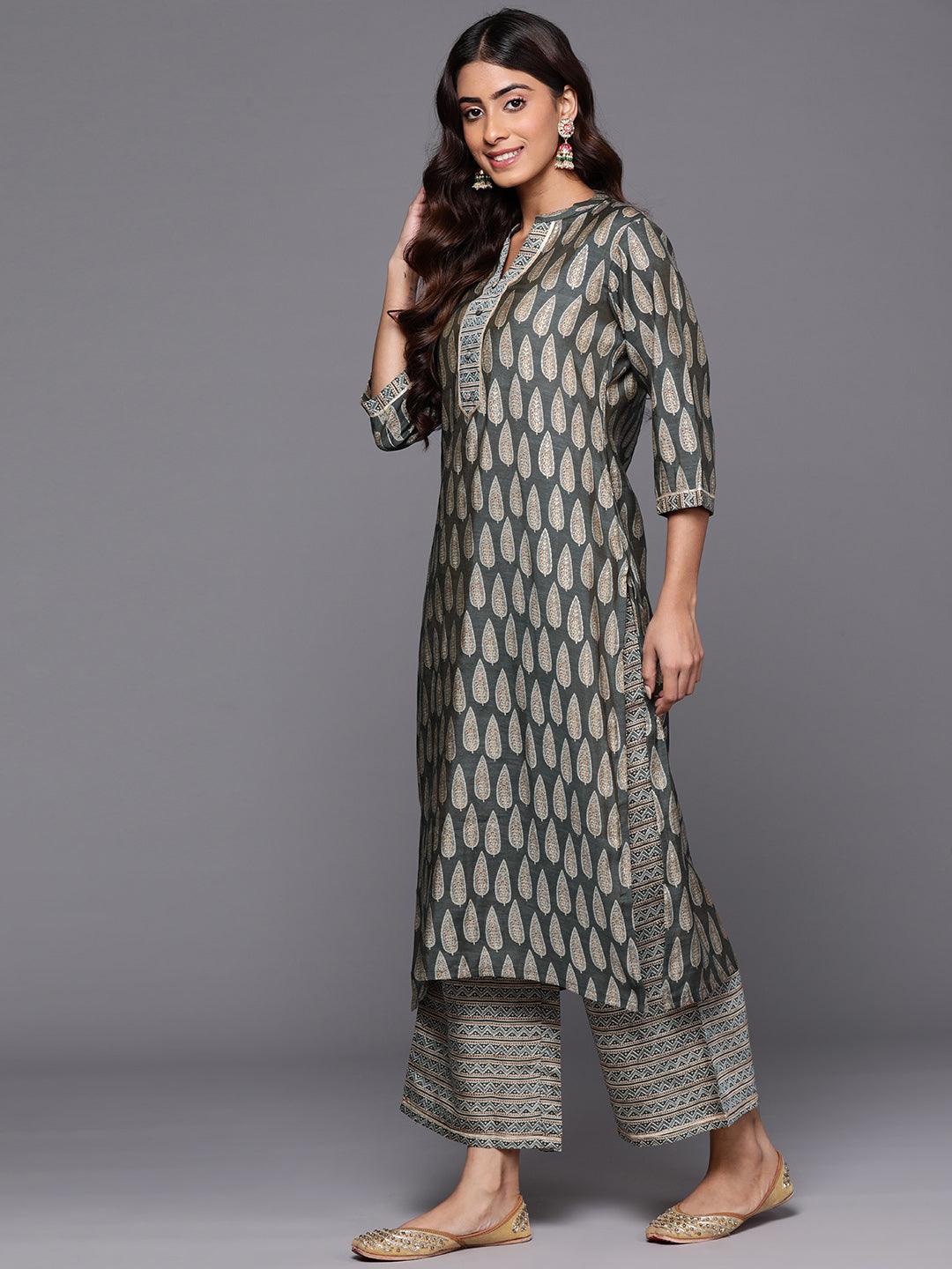 Olive Printed Silk Blend Straight Kurta Set