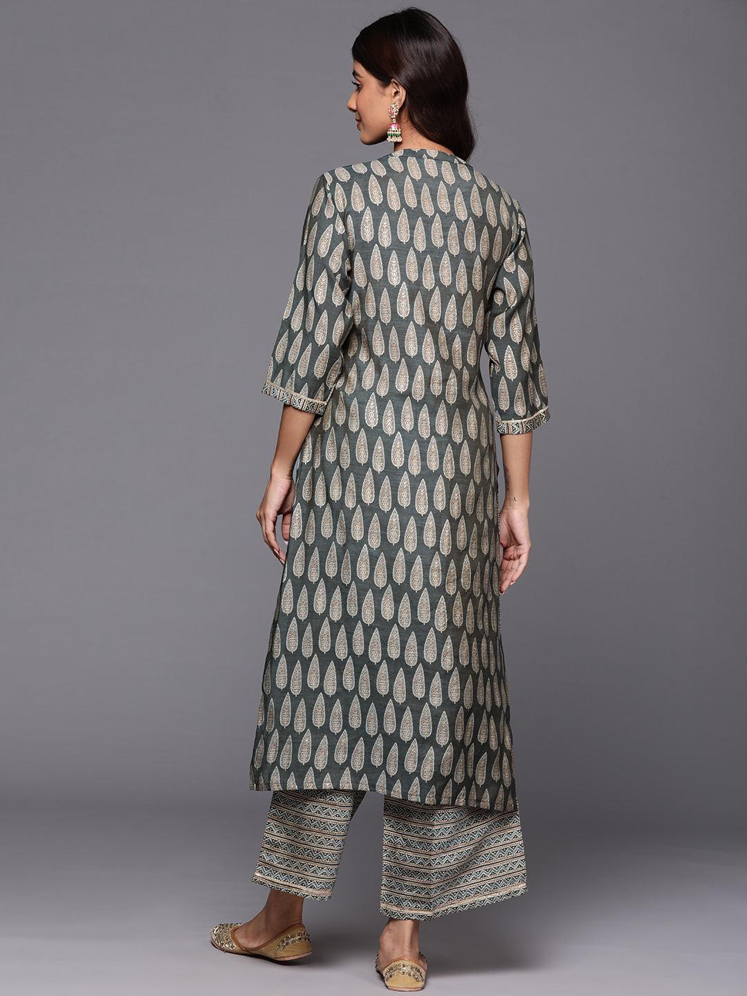 Olive Printed Silk Blend Straight Kurta Set