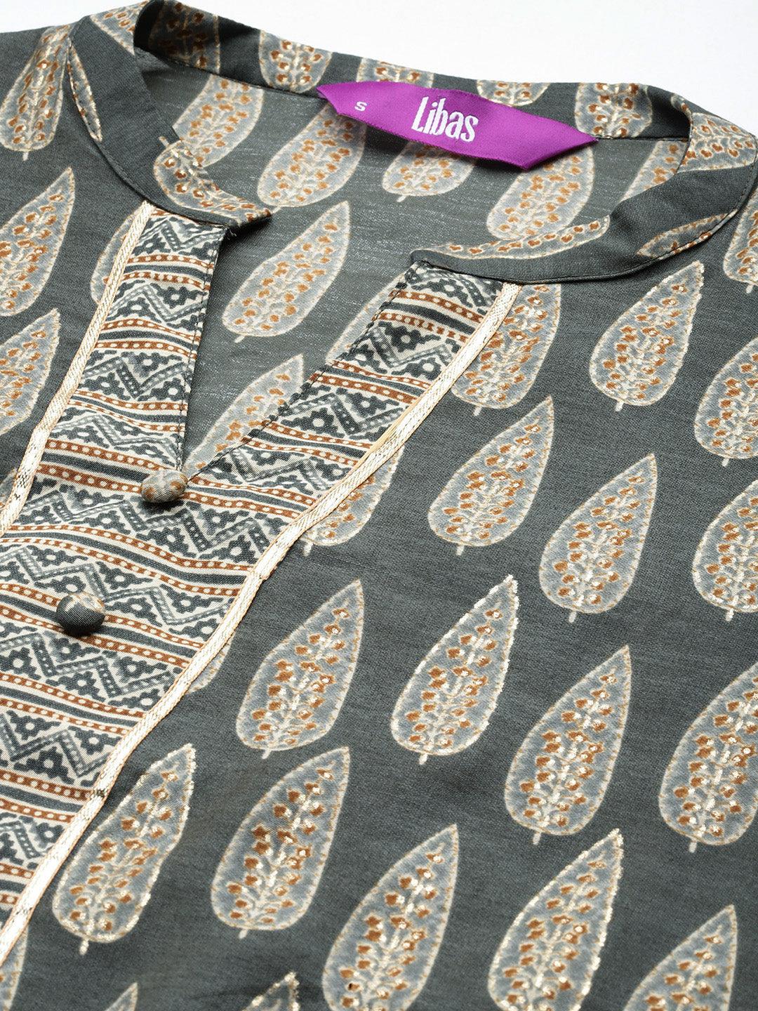 Olive Printed Silk Blend Straight Kurta Set