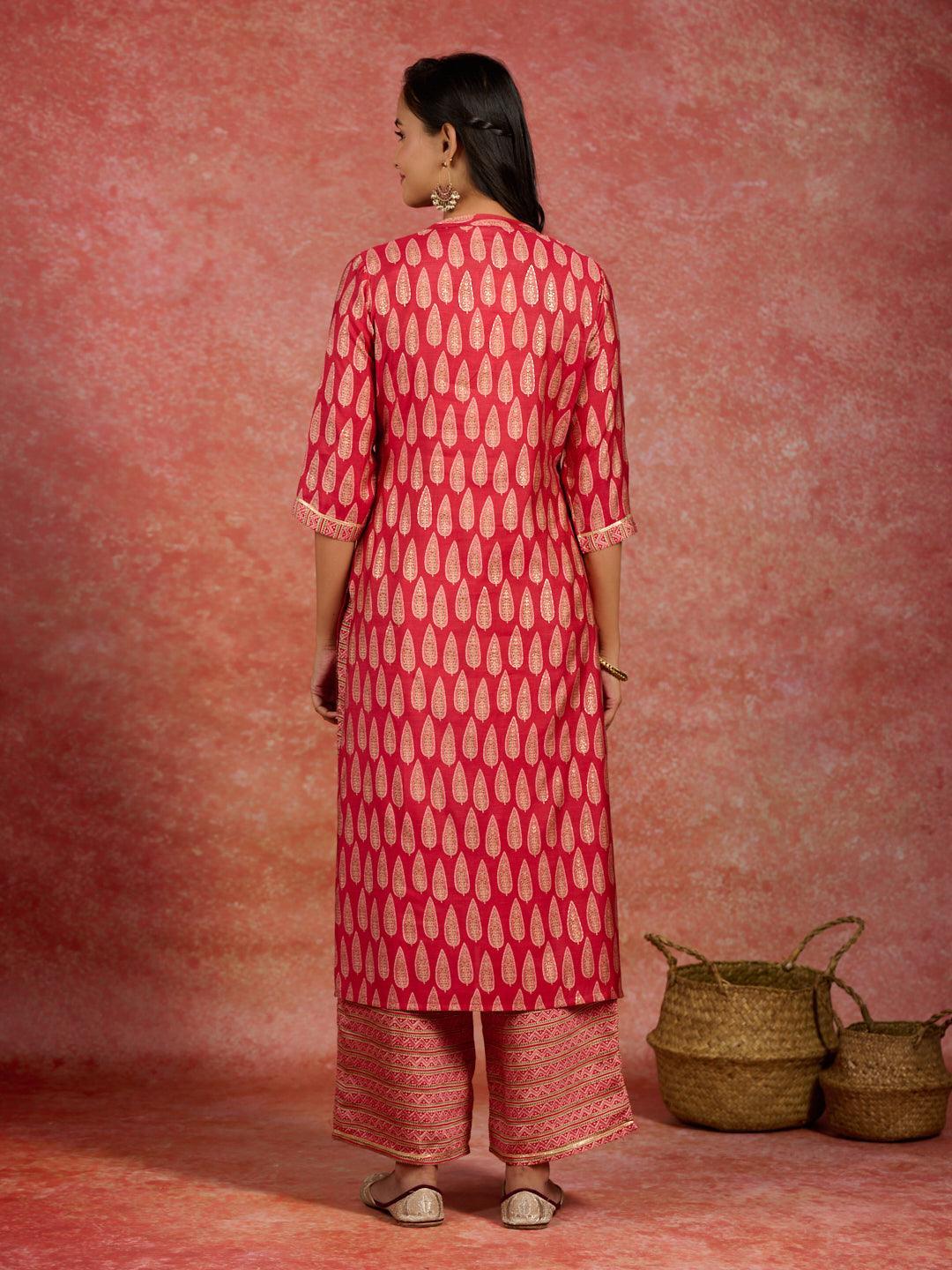 Red Printed Silk Blend Straight Kurta Set