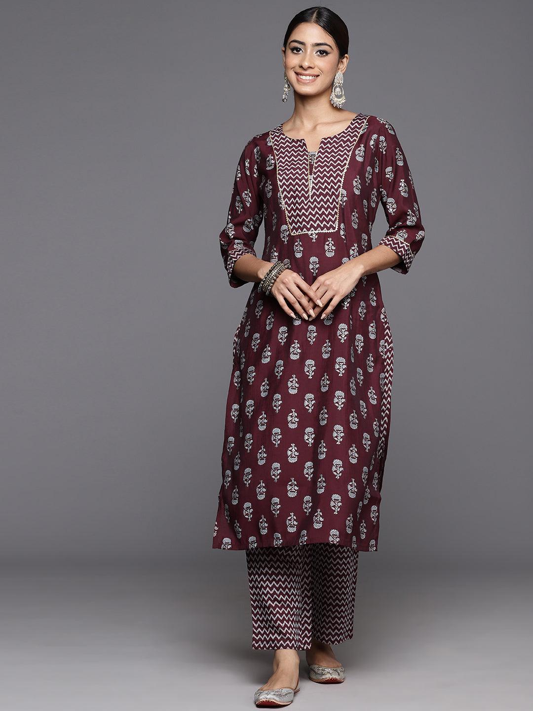 Wine Printed Silk Blend Straight Kurta Set