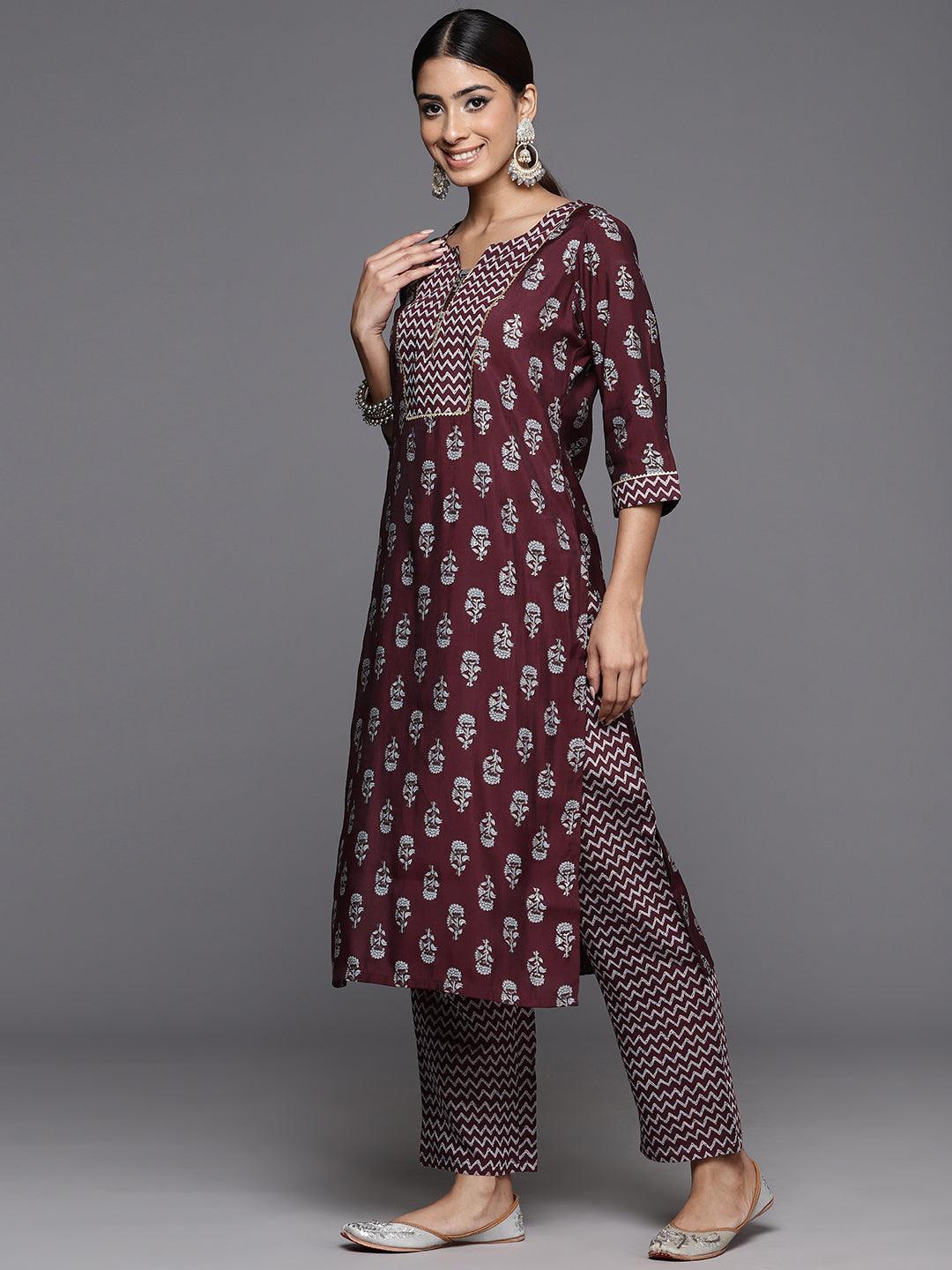 Wine Printed Silk Blend Straight Kurta Set