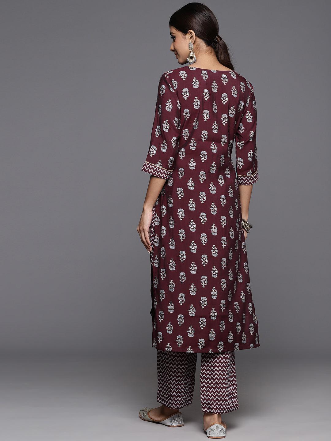 Wine Printed Silk Blend Straight Kurta With Trousers - ShopLibas