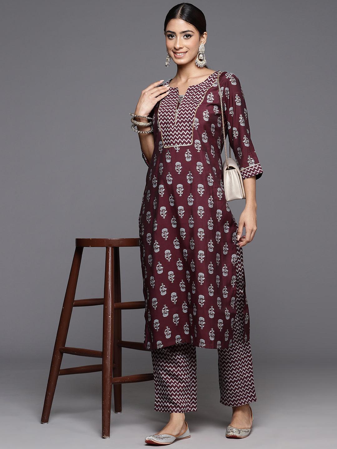 Wine Printed Silk Blend Straight Kurta With Trousers - ShopLibas