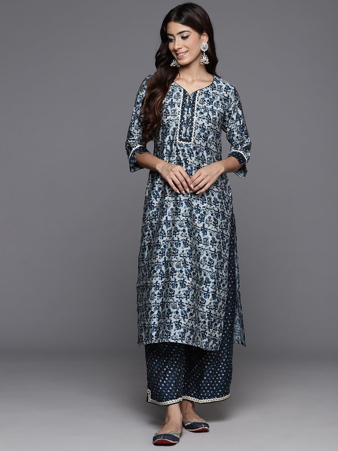 Blue Printed Silk Blend Straight Kurta Set