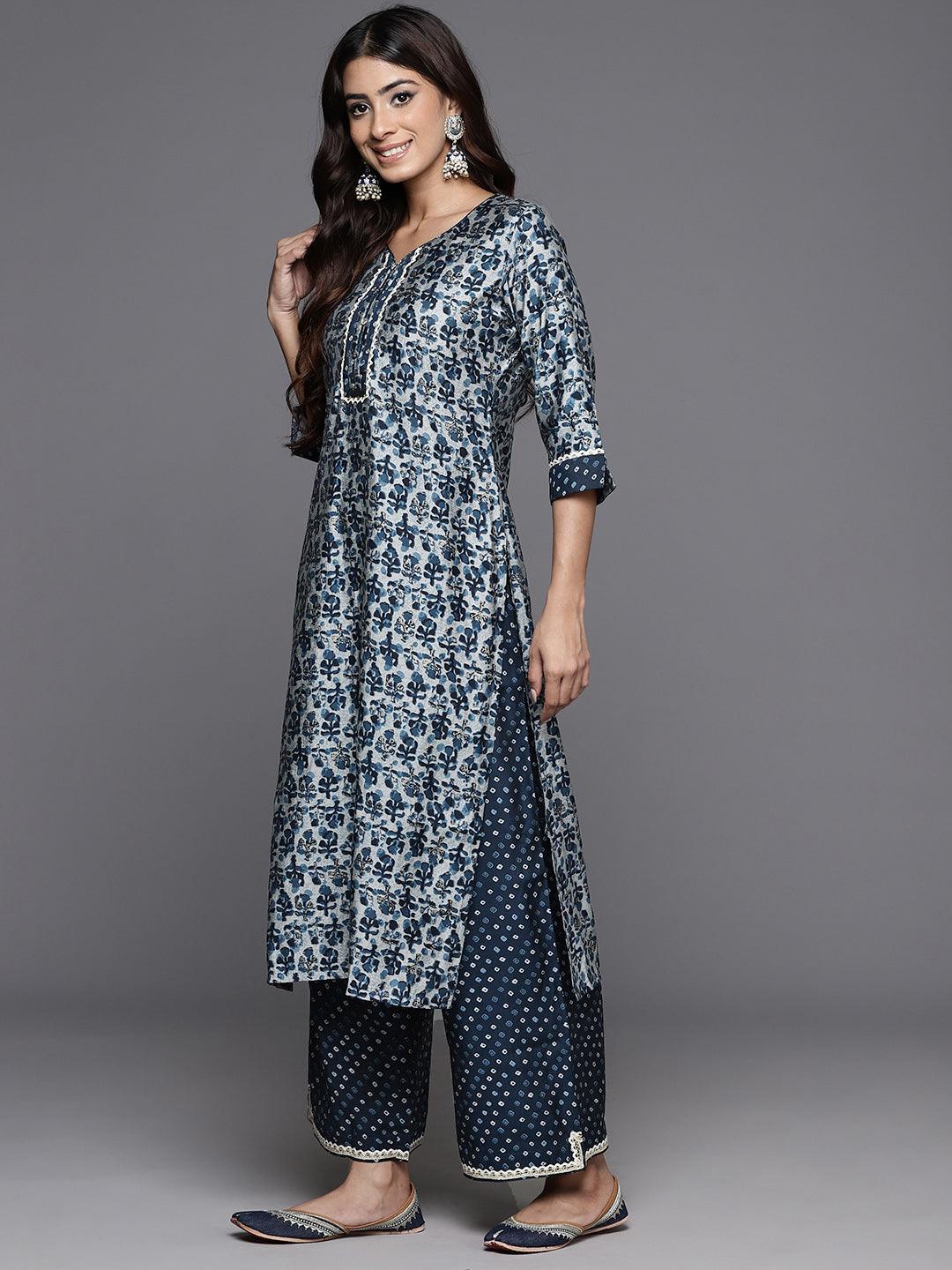 Blue Printed Silk Blend Straight Kurta Set