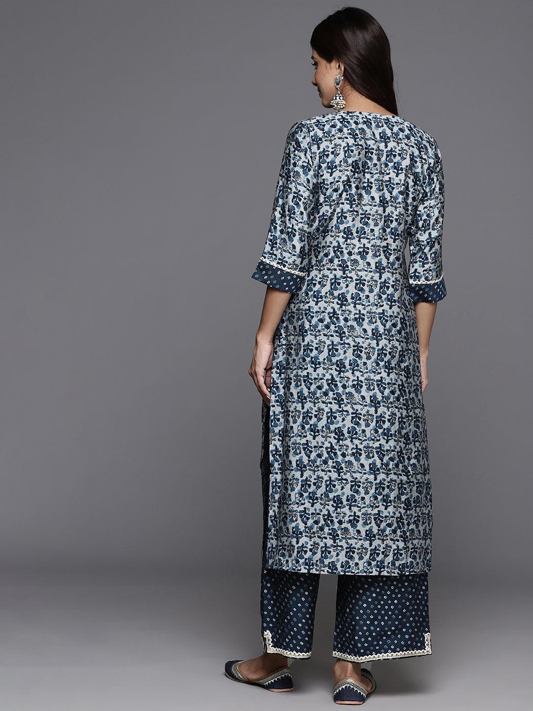 Blue Printed Silk Blend Straight Kurta Set