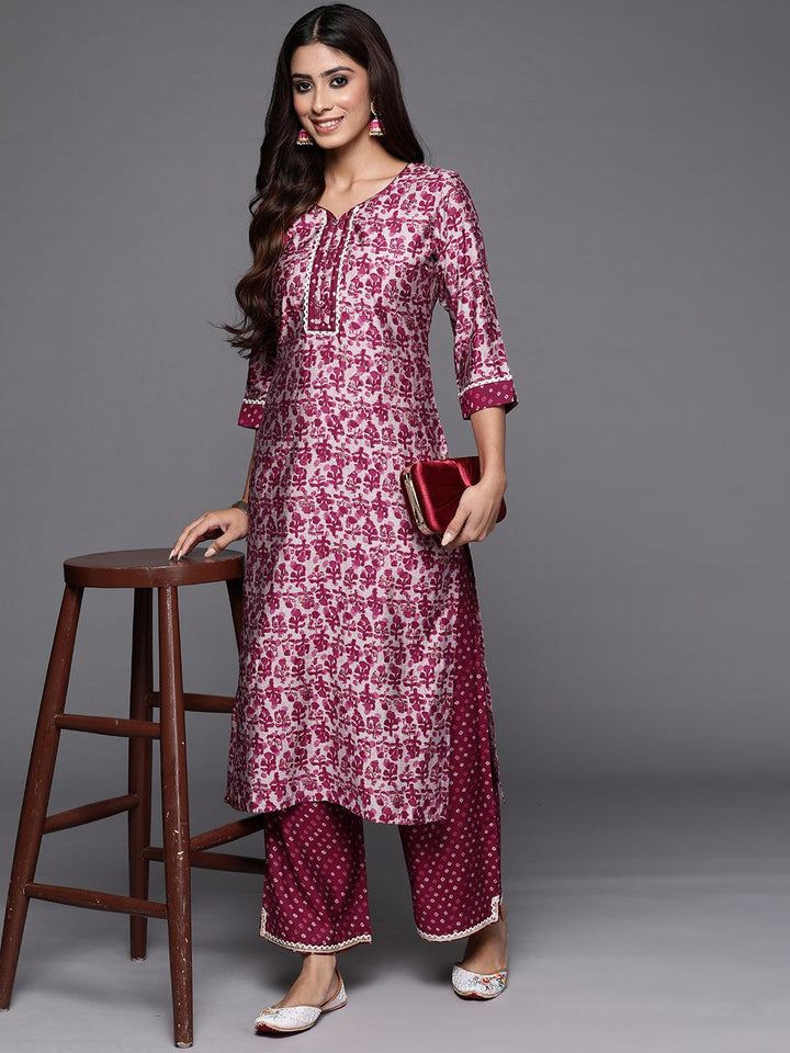 Maroon Printed Silk Blend Straight Kurta With Palazzos - ShopLibas