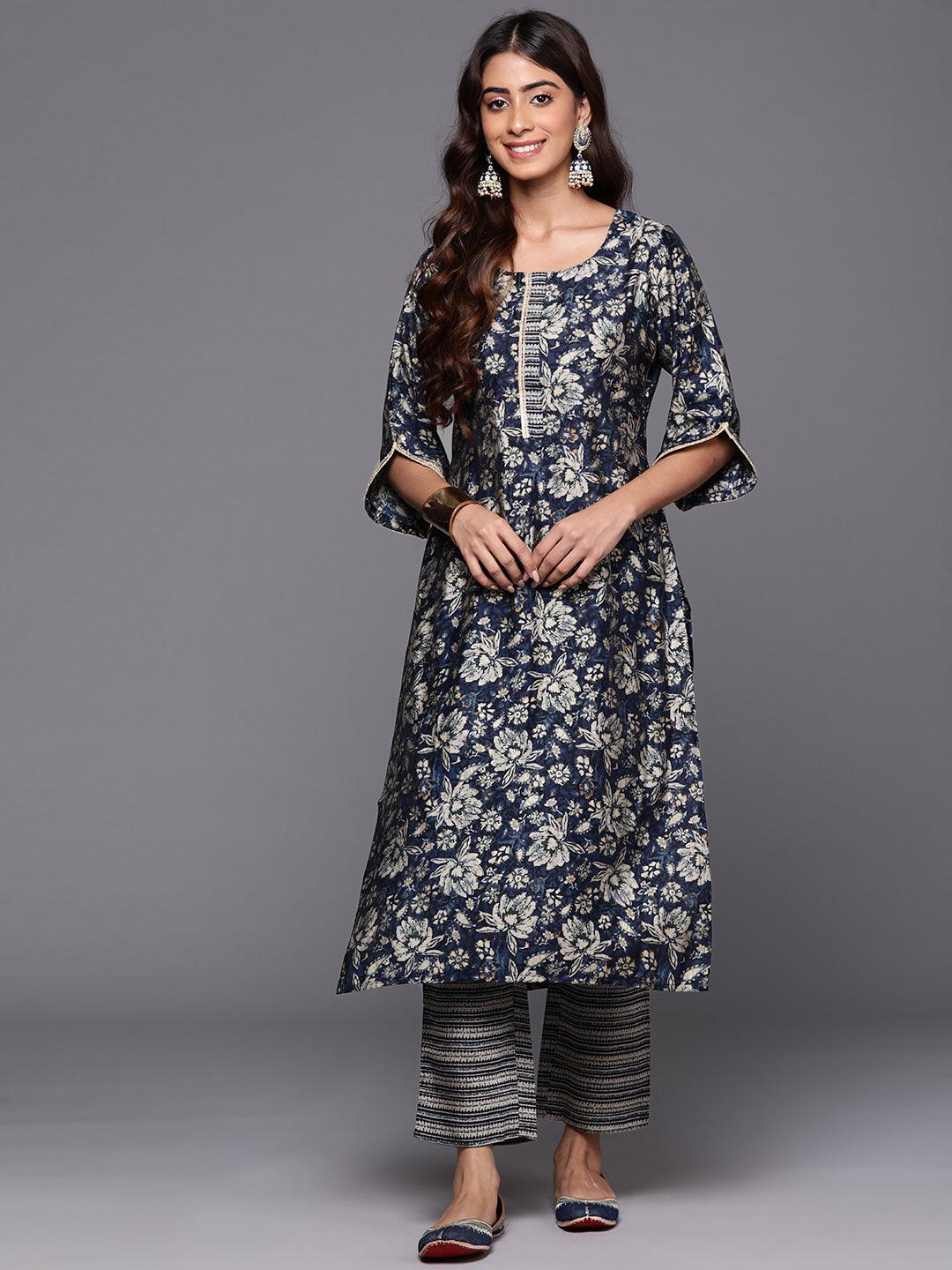 Blue Printed Silk Blend Straight Kurta Set