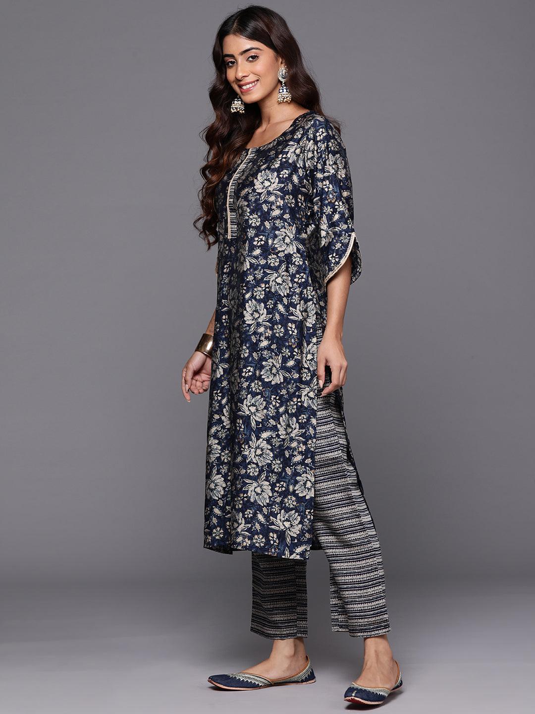 Blue Printed Silk Blend Straight Kurta Set