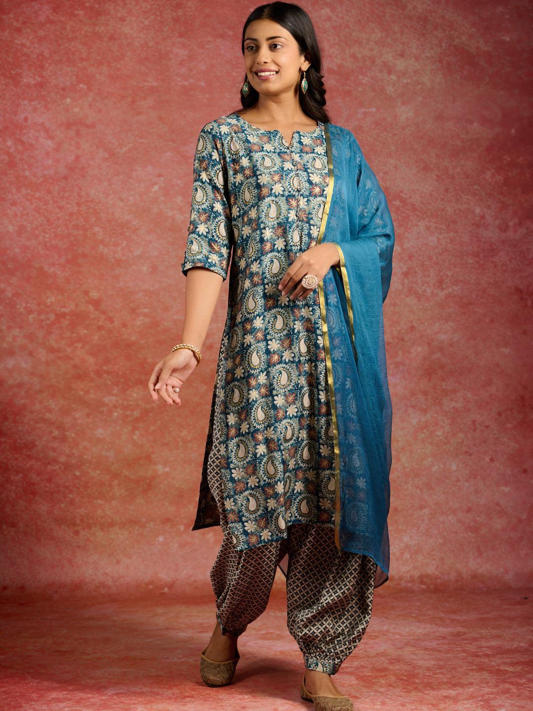 Blue Printed Silk Blend Straight Suit With Dupatta