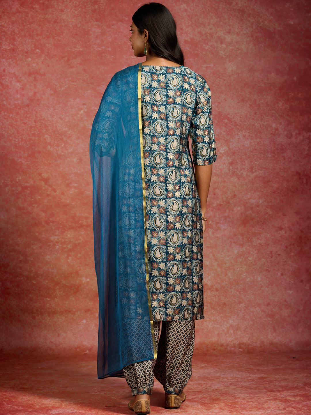 Blue Printed Silk Blend Straight Suit With Dupatta