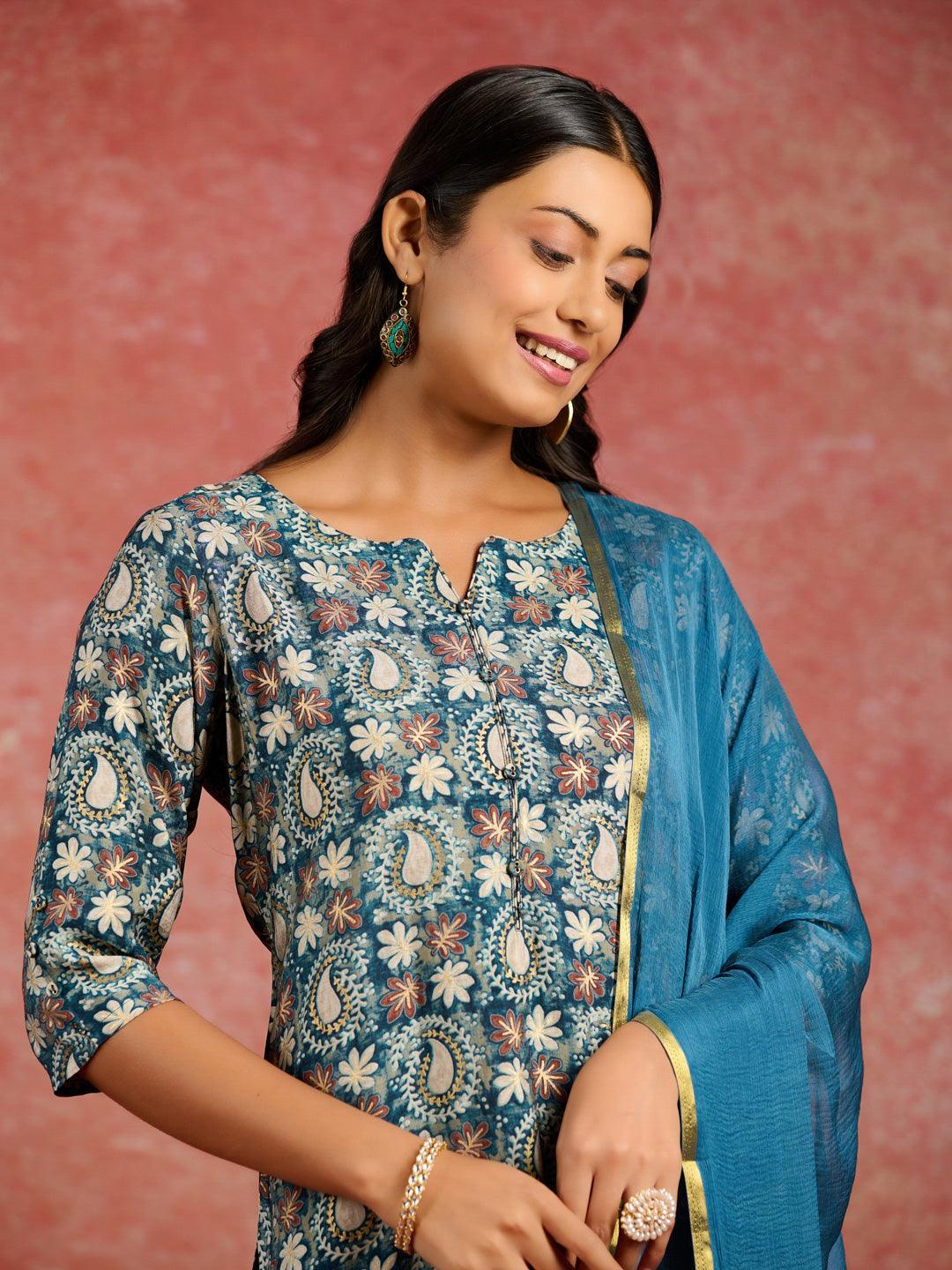 Blue Printed Silk Blend Straight Suit With Dupatta