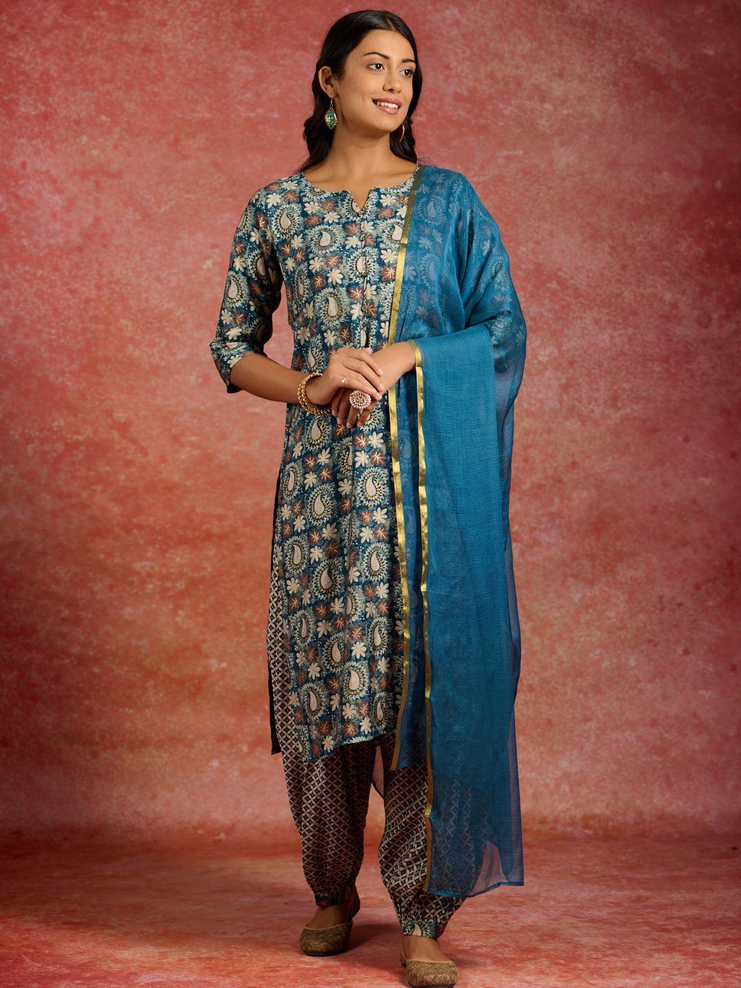 Blue Printed Silk Blend Straight Suit With Dupatta