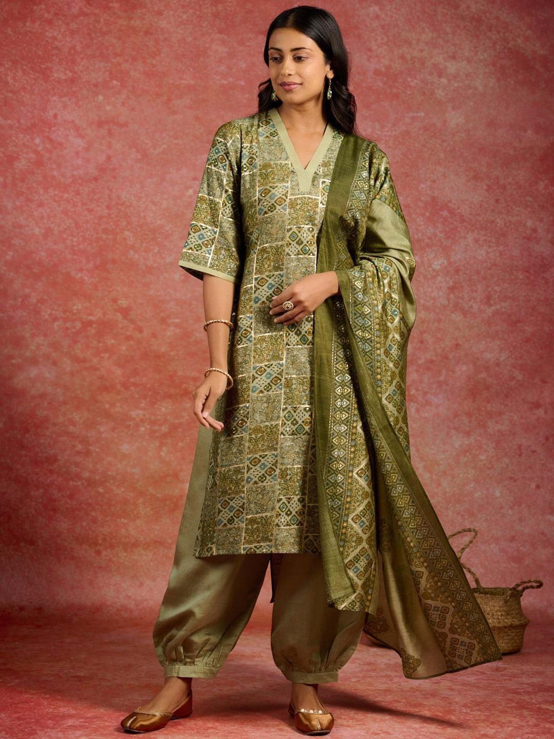 Green Printed Silk Blend Straight Suit With Dupatta