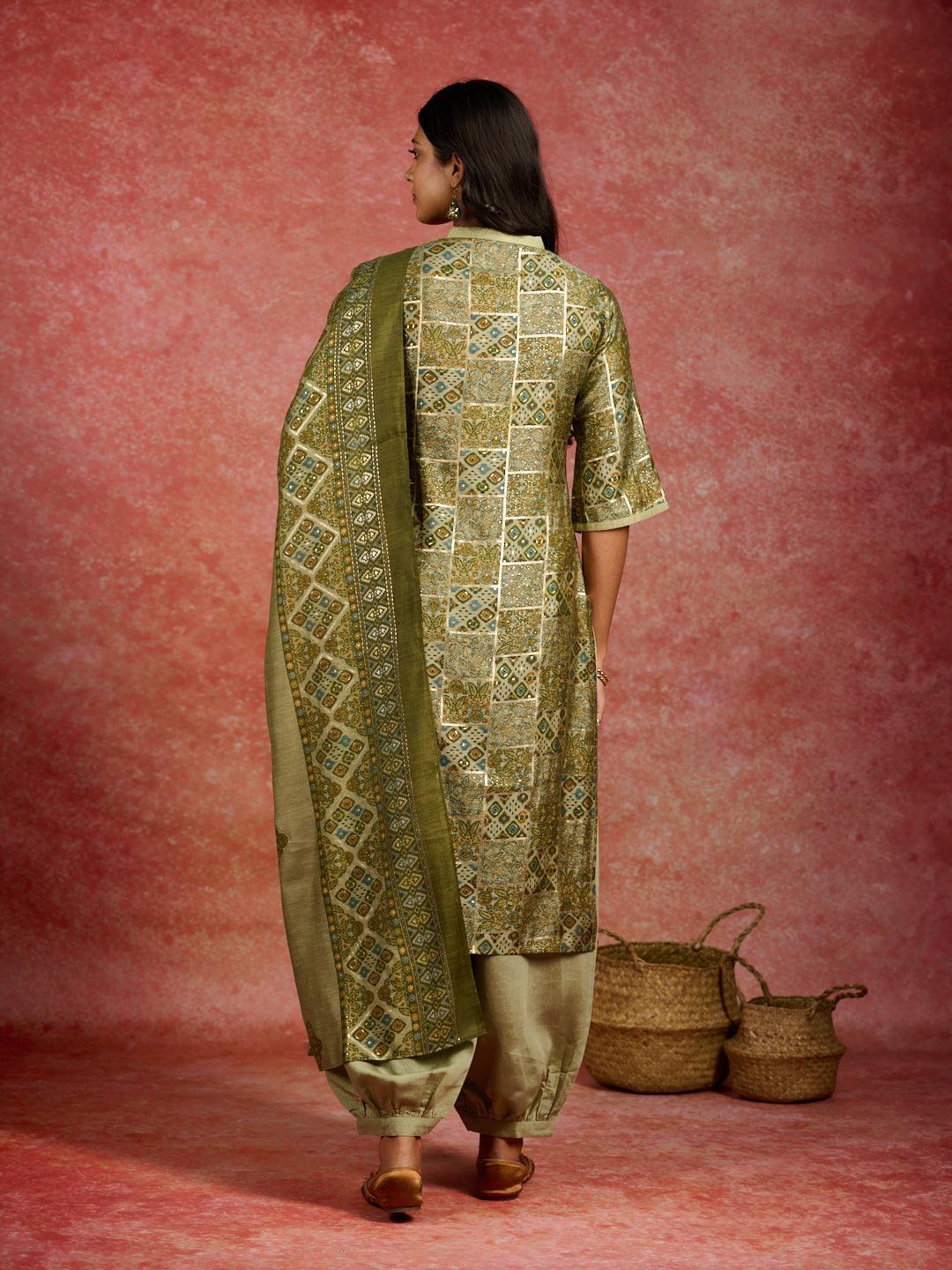 Green Printed Silk Blend Straight Suit With Dupatta