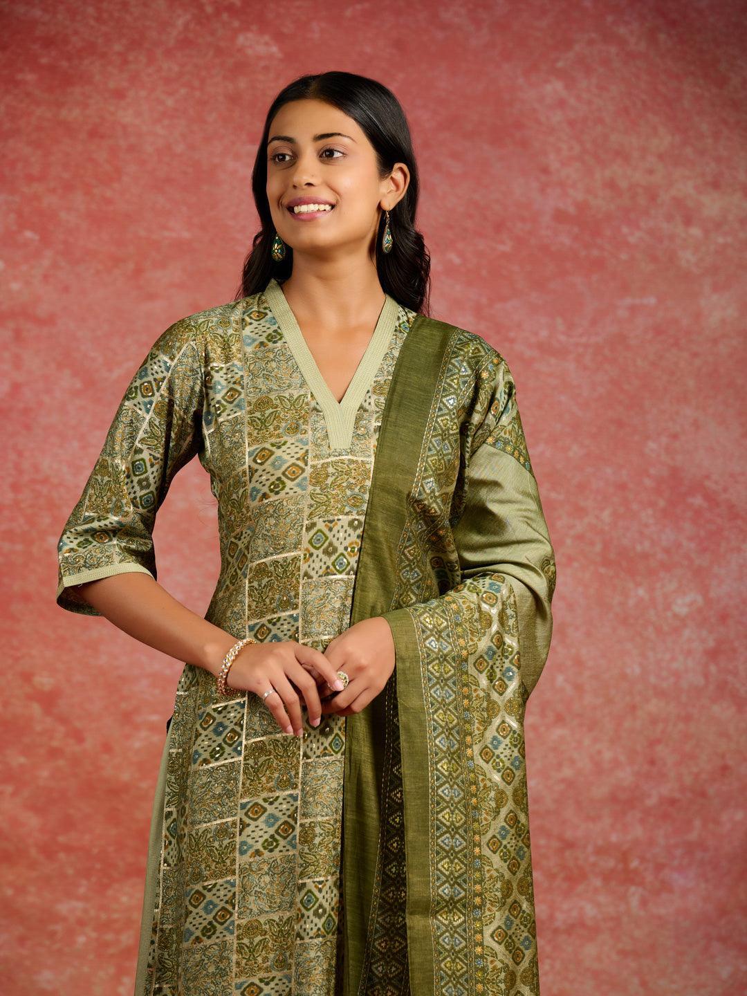 Green Printed Silk Blend Straight Suit With Dupatta