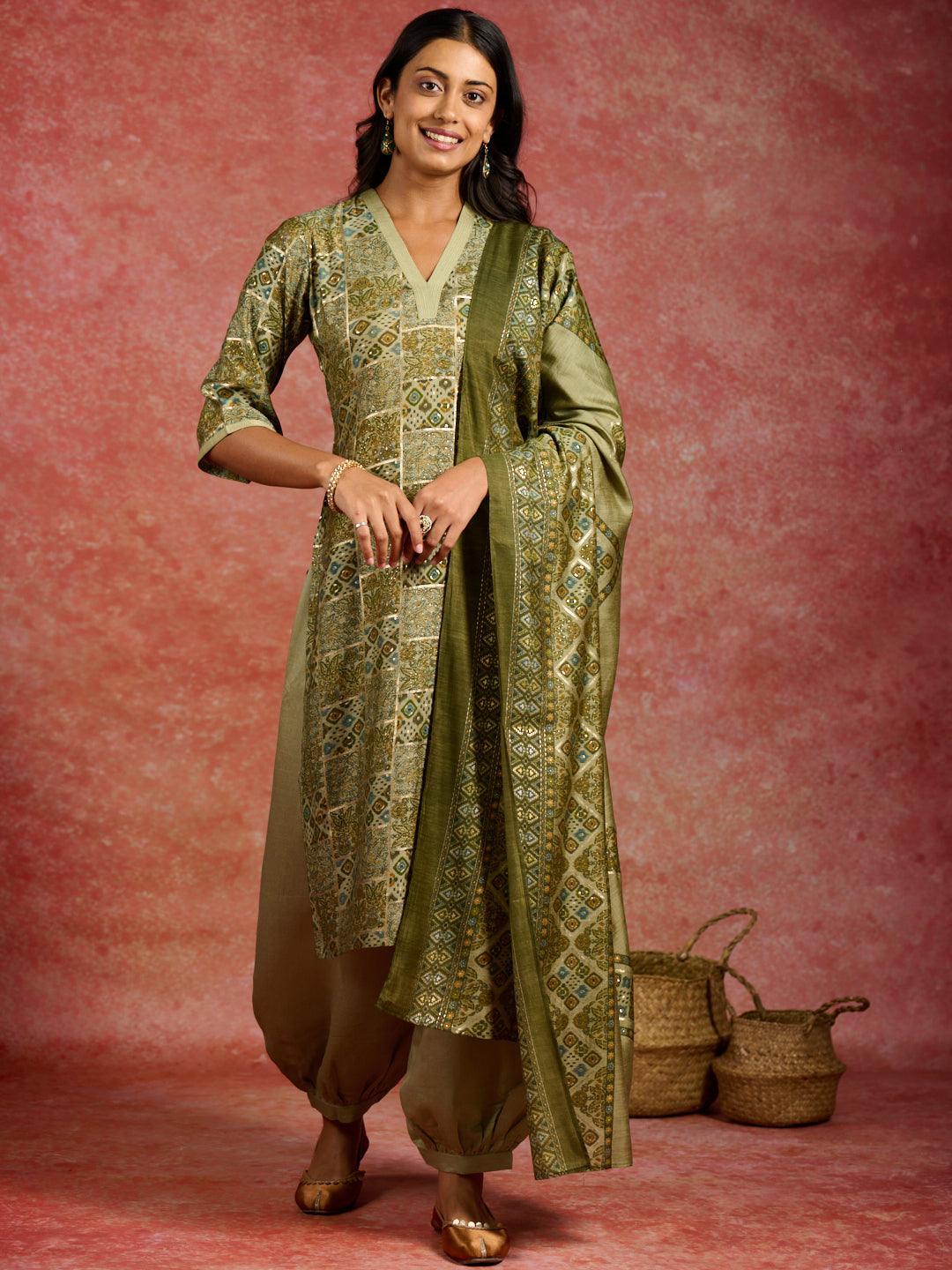 Green Printed Silk Blend Straight Suit With Dupatta