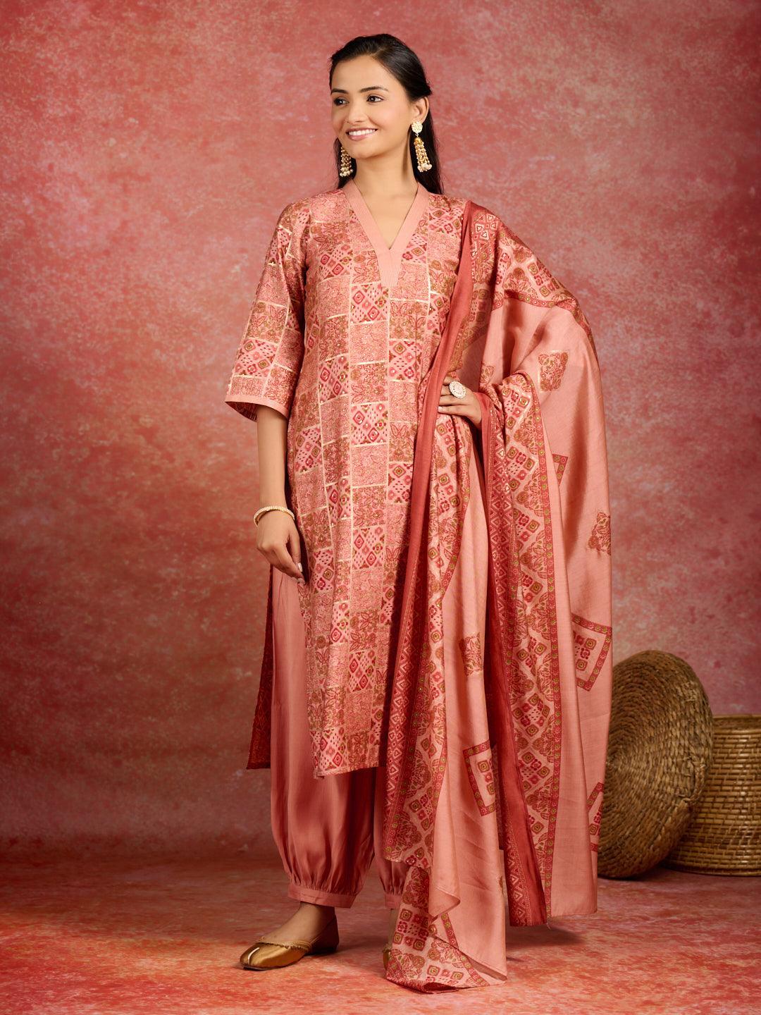 Peach Printed Silk Blend Straight Kurta With Salwar & Dupatta - ShopLibas