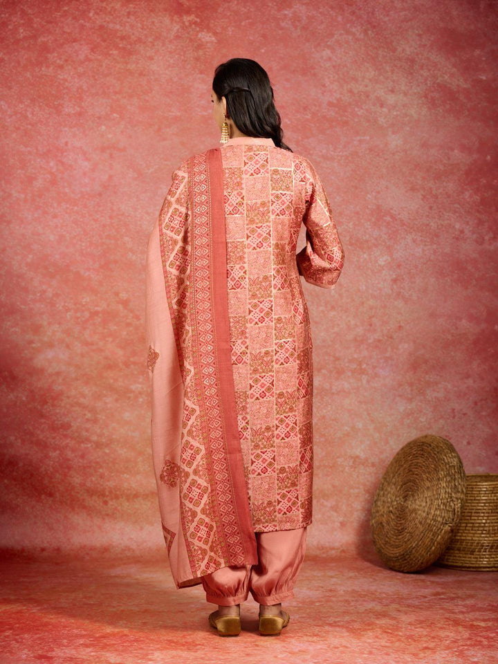 Peach Printed Silk Blend Straight Kurta With Salwar & Dupatta - ShopLibas