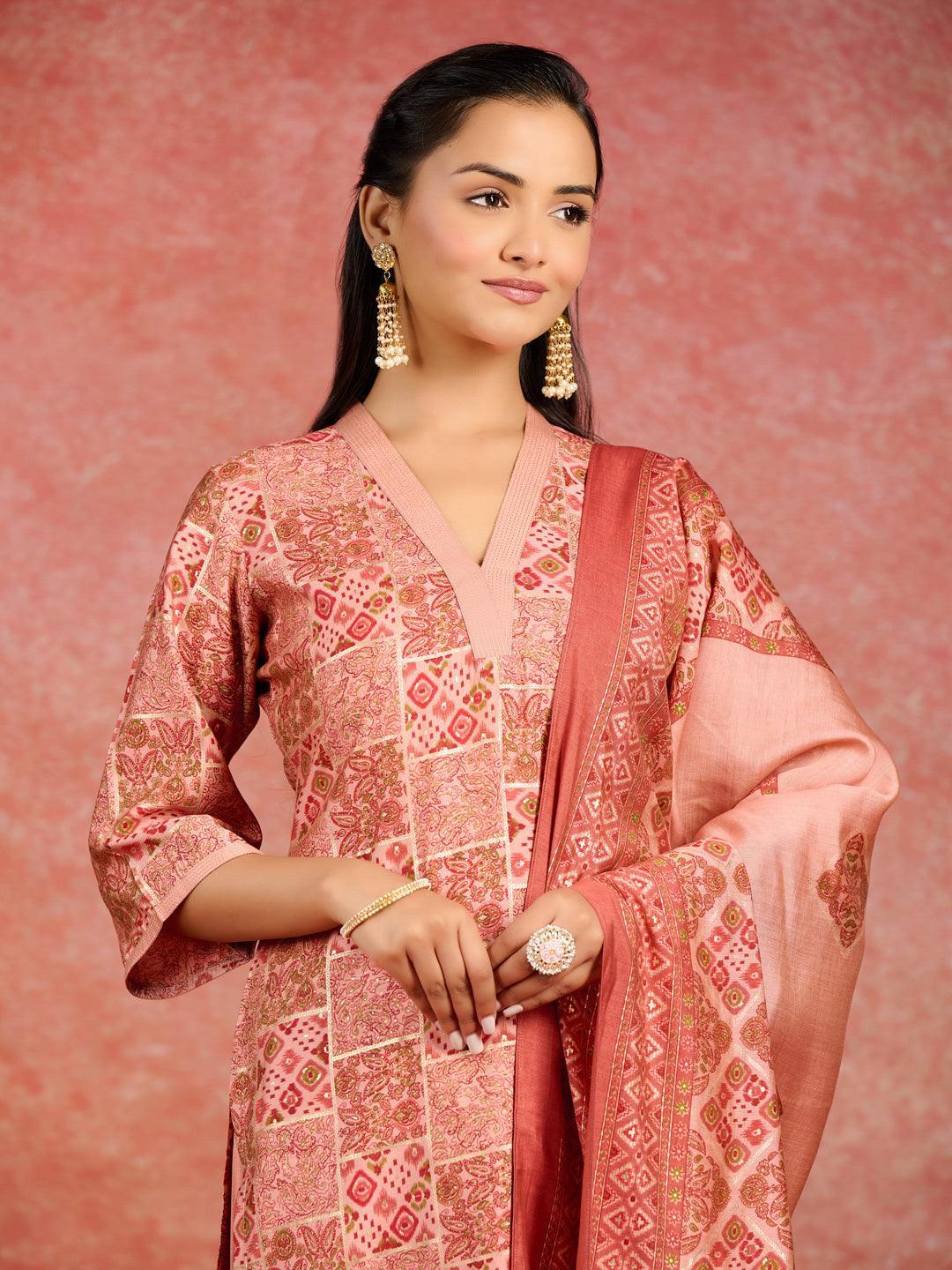 Peach Printed Silk Blend Straight Suit With Dupatta