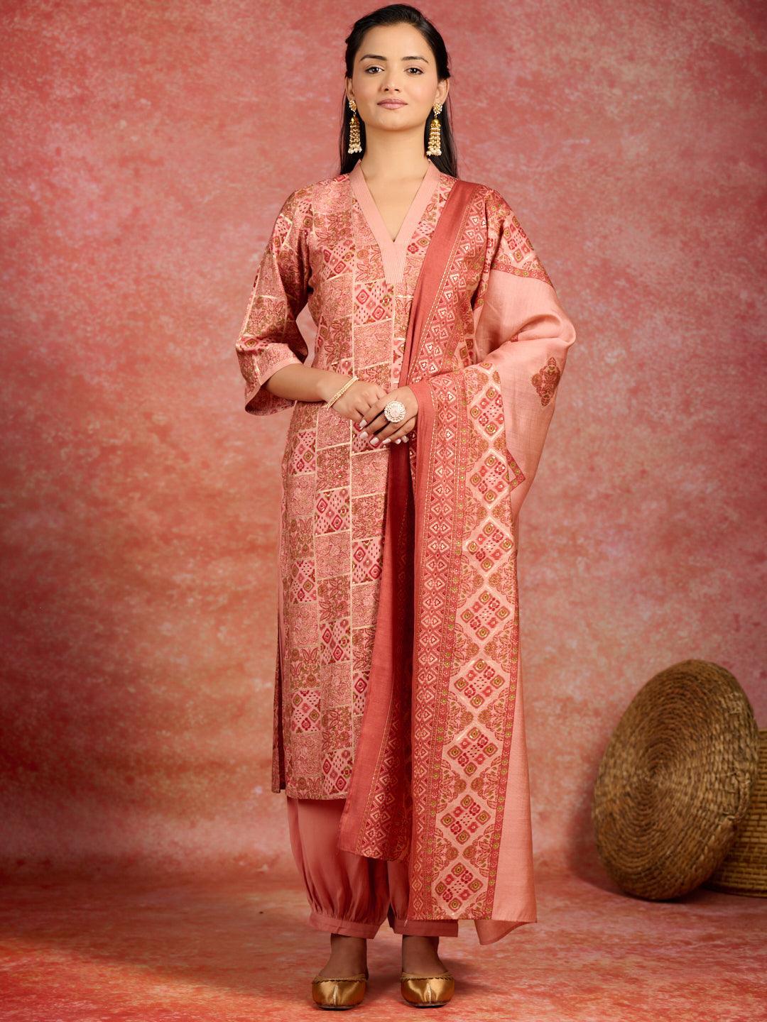 Peach Printed Silk Blend Straight Kurta With Salwar & Dupatta - ShopLibas