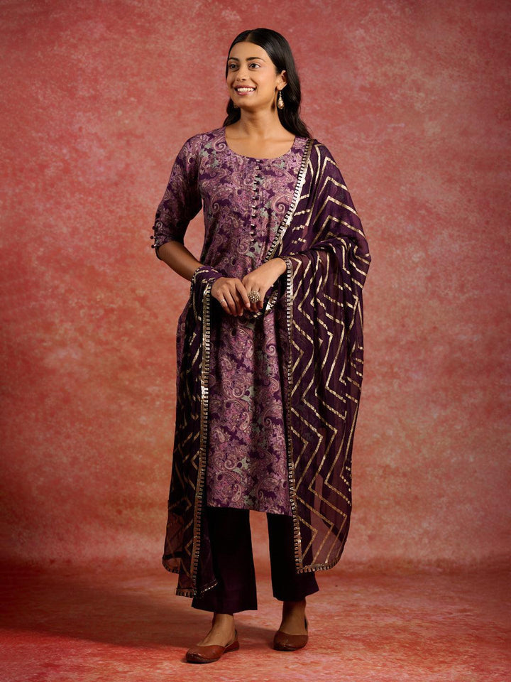 Burgundy Printed Silk Blend Straight Kurta With Trousers & Dupatta - ShopLibas