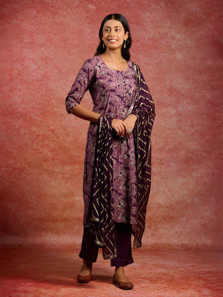 Burgundy Printed Silk Blend Straight Kurta With Trousers & Dupatta - ShopLibas