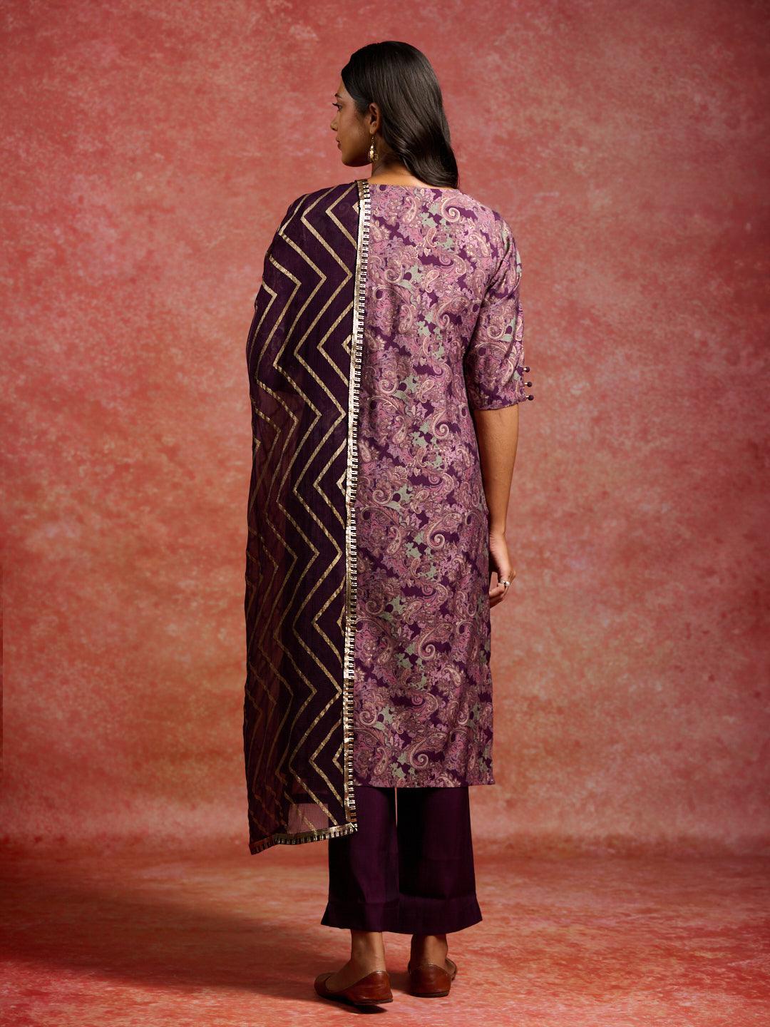 Burgundy Printed Silk Blend Straight Kurta With Trousers & Dupatta - ShopLibas