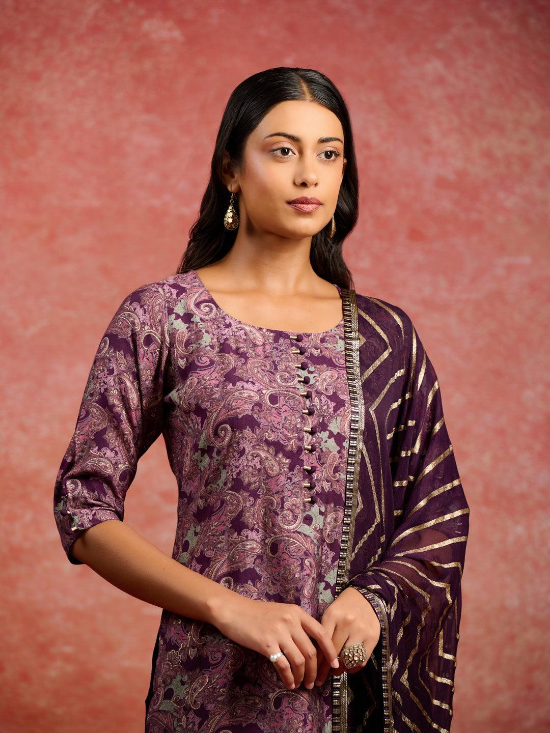 Burgundy Printed Silk Blend Straight Kurta With Trousers & Dupatta - ShopLibas