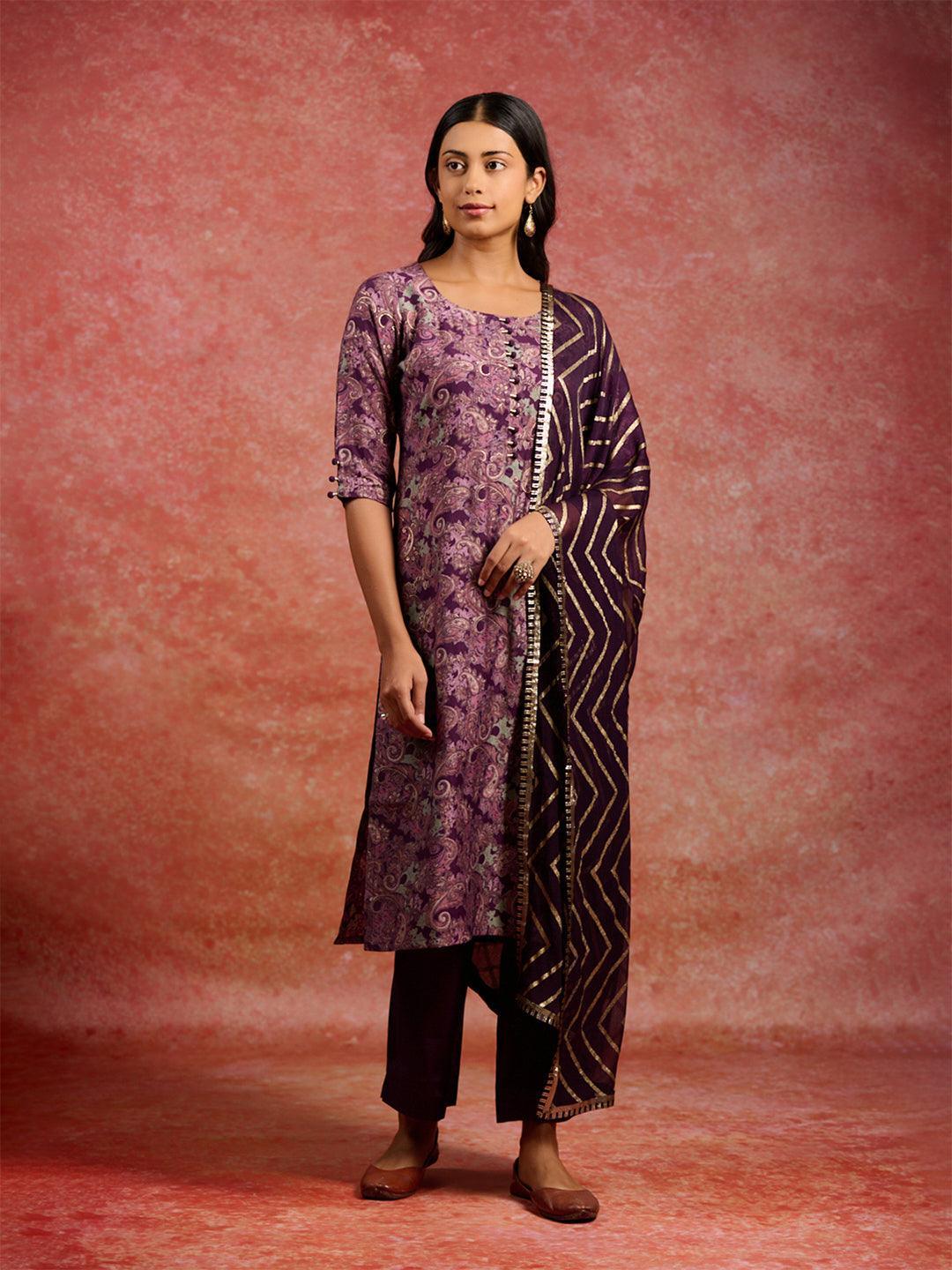 Burgundy Printed Silk Blend Straight Kurta With Trousers & Dupatta - ShopLibas