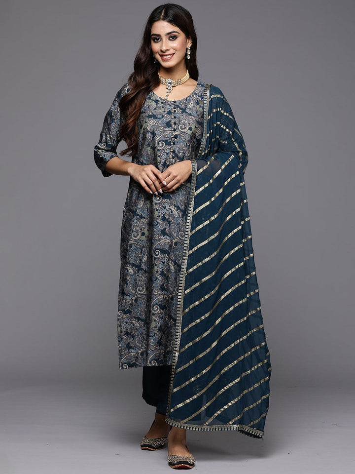 Blue Printed Silk Blend Straight Kurta With Trousers & Dupatta - ShopLibas