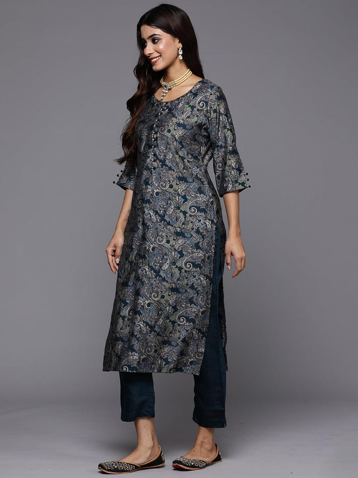 Blue Printed Silk Blend Straight Kurta With Trousers & Dupatta - ShopLibas