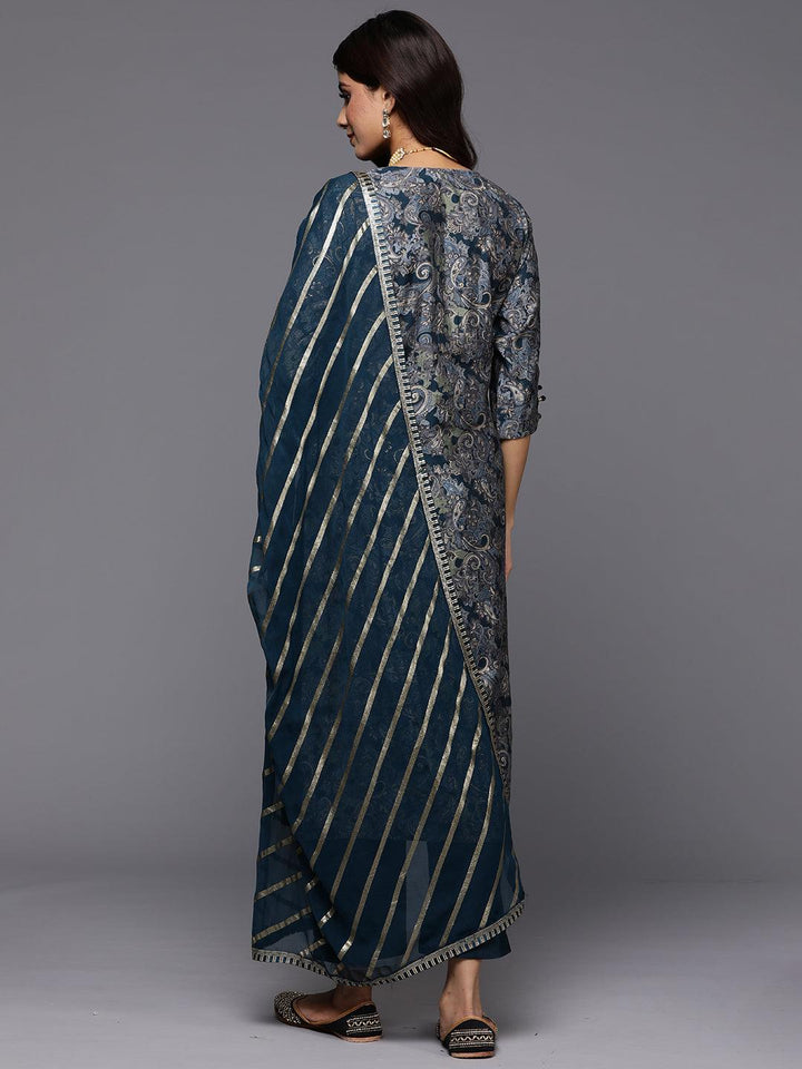 Blue Printed Silk Blend Straight Kurta With Trousers & Dupatta - ShopLibas