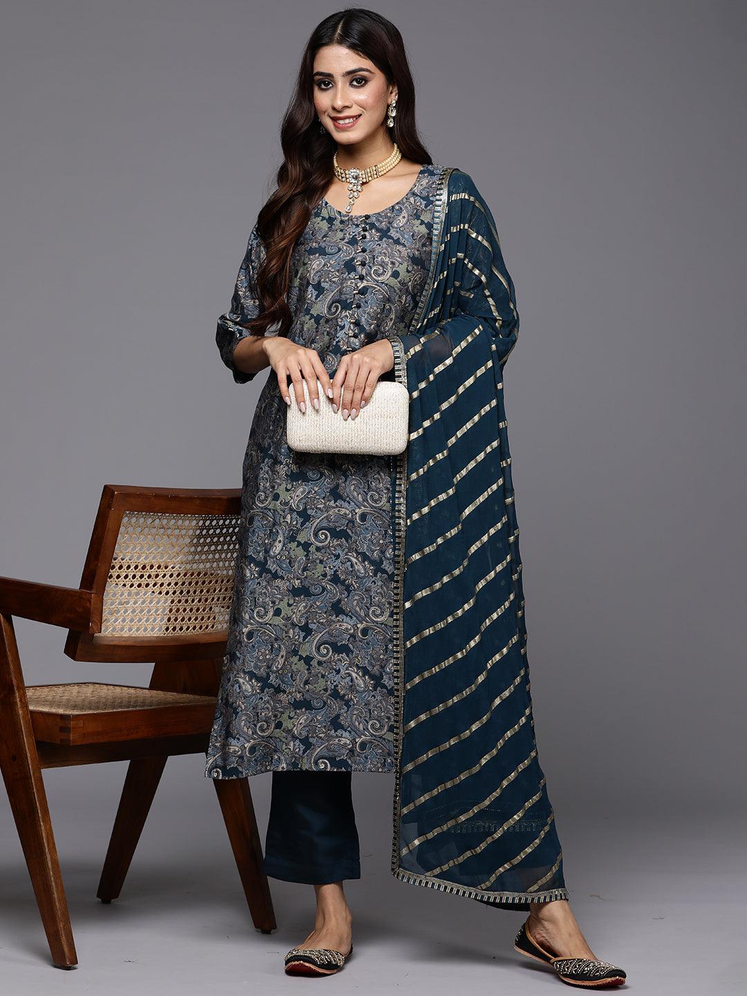 Blue Printed Silk Blend Straight Kurta With Trousers & Dupatta - ShopLibas