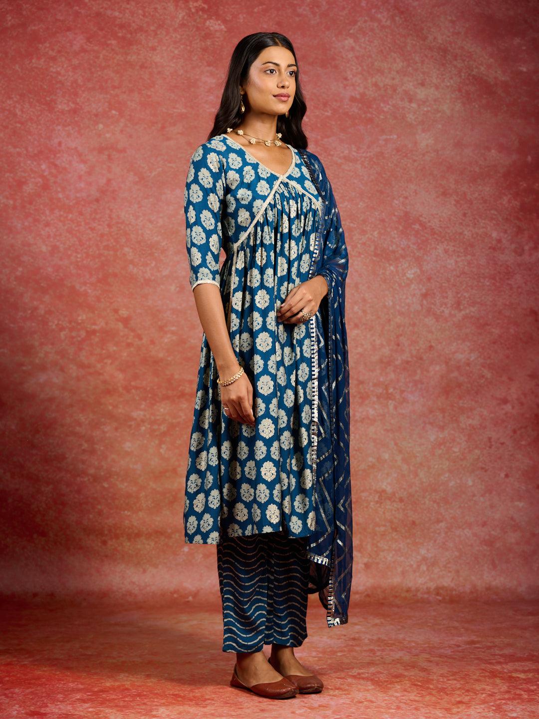 Blue Printed Silk Blend A-Line Kurta With Trousers & Dupatta