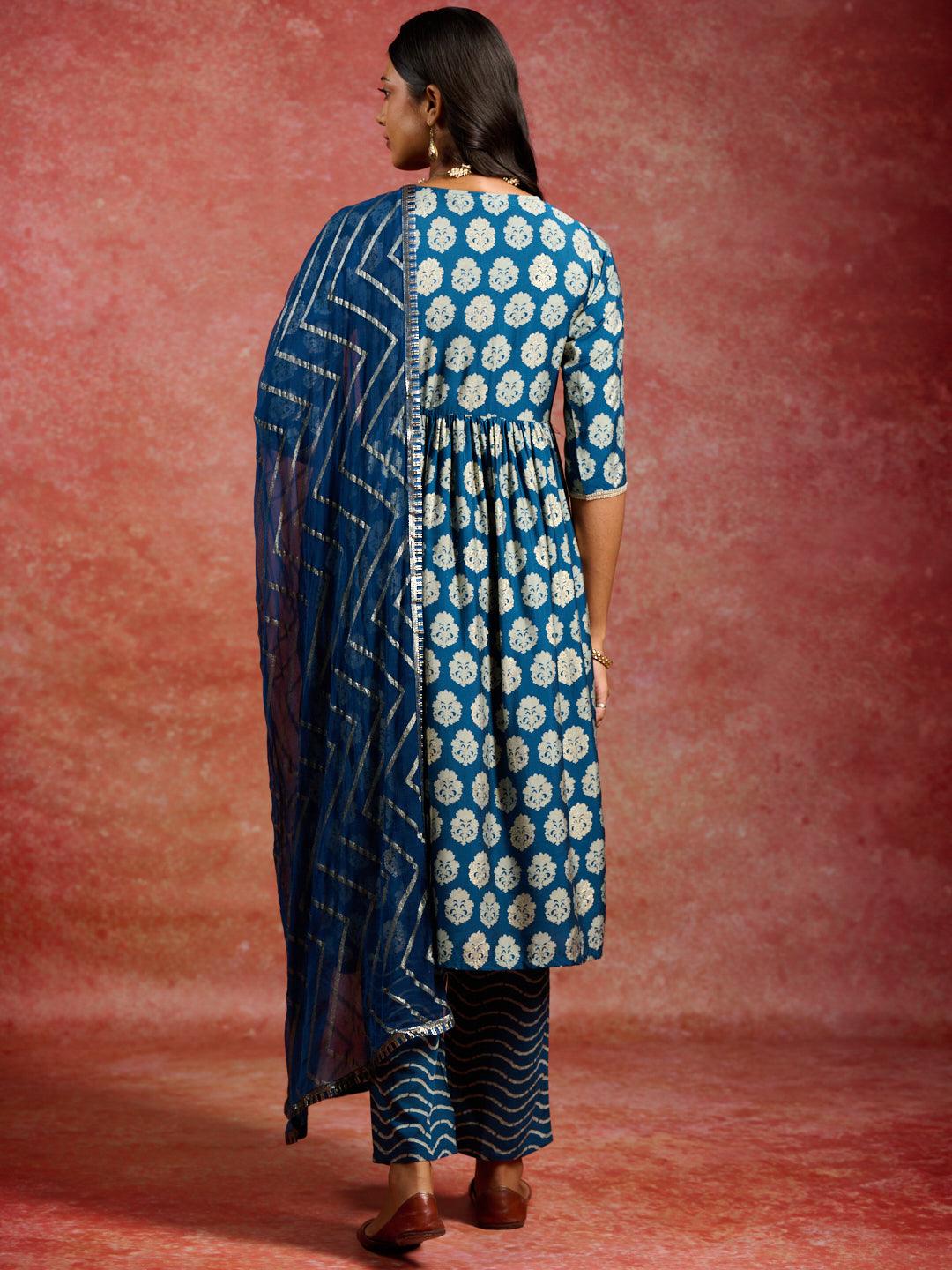 Blue Printed Silk Blend A-Line Kurta With Trousers & Dupatta