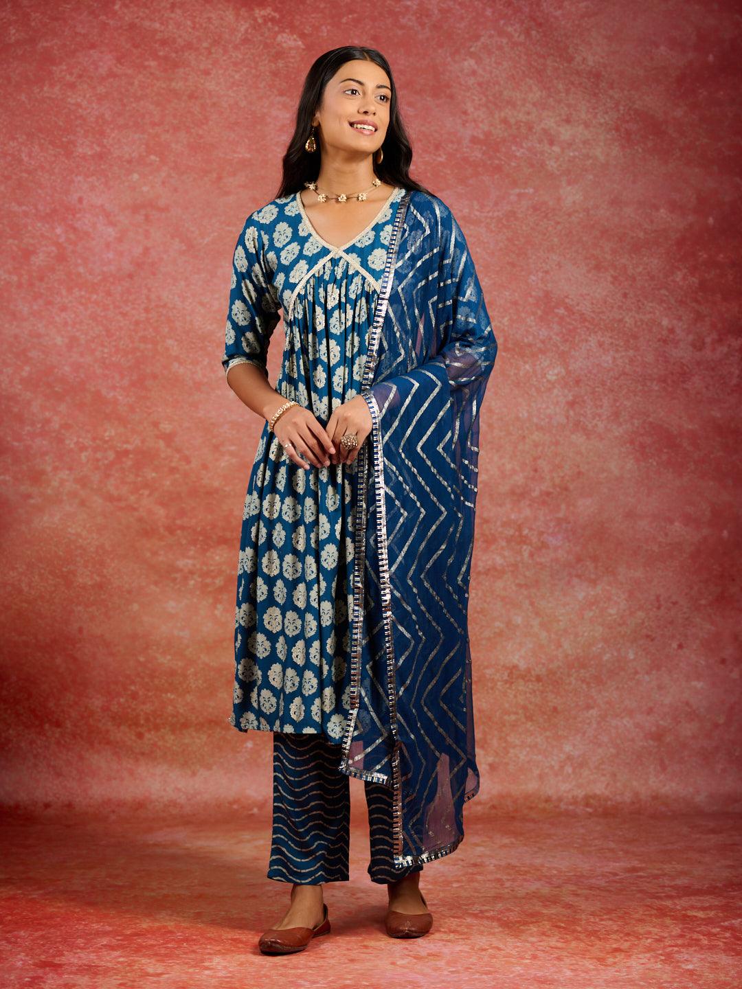 Blue Printed Silk Blend A-Line Kurta With Trousers & Dupatta