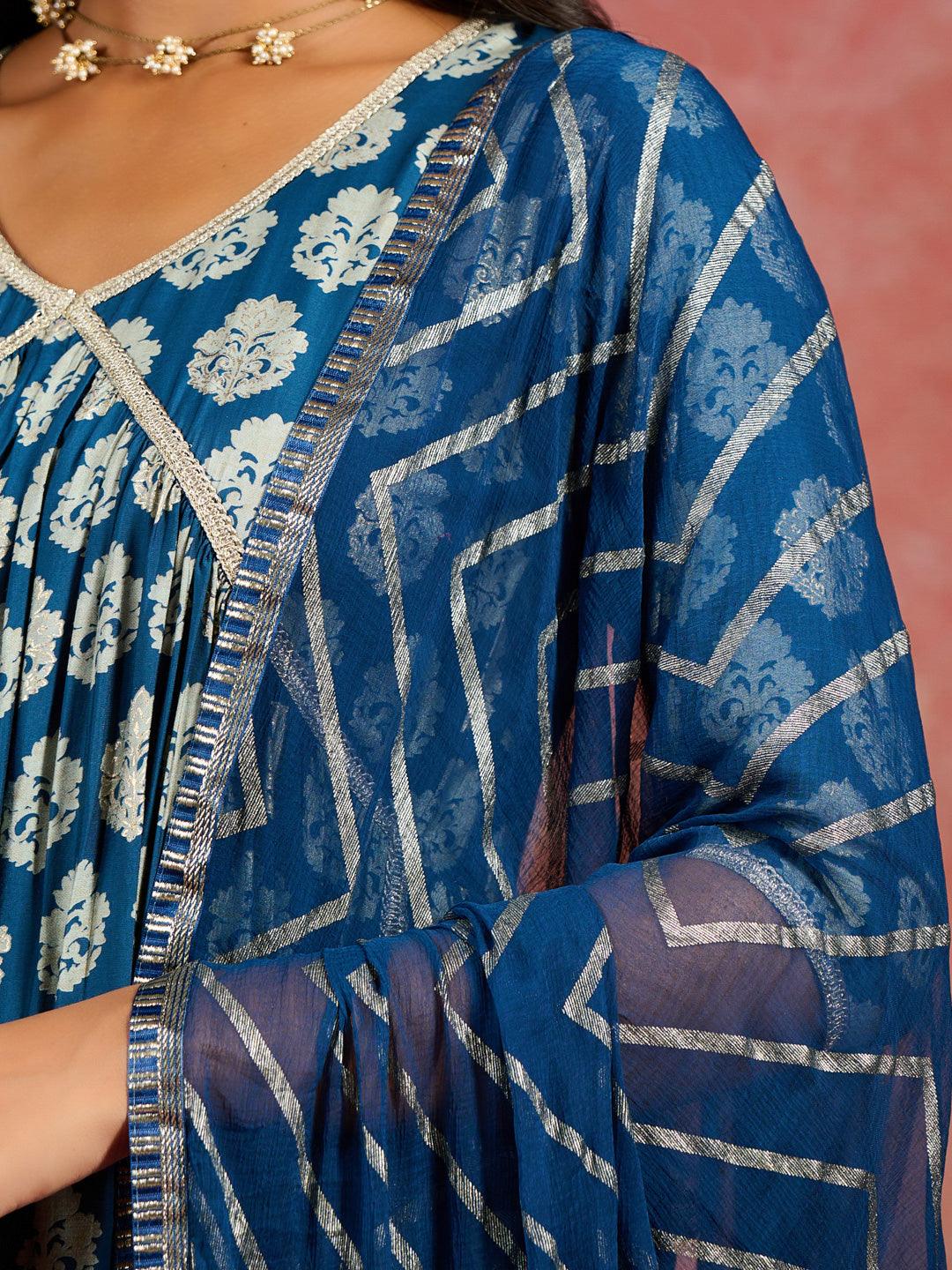 Blue Printed Silk Blend A-Line Kurta With Trousers & Dupatta