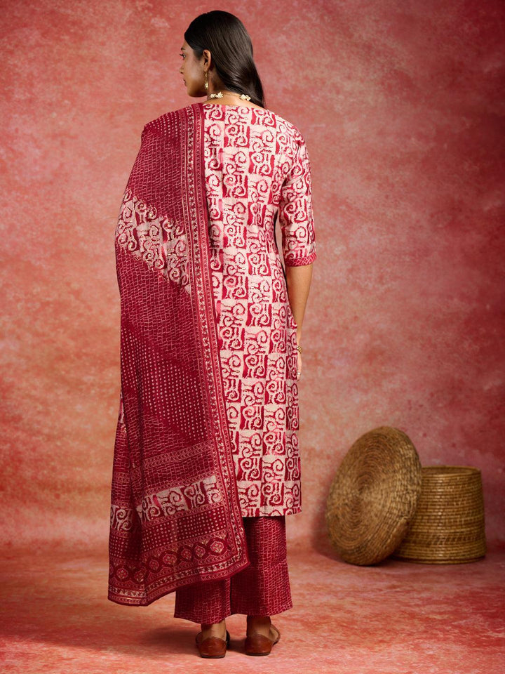 Maroon Printed Silk Blend Straight Kurta With Trousers & Dupatta - ShopLibas