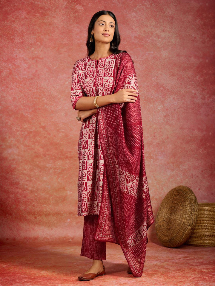 Maroon Printed Silk Blend Straight Kurta With Trousers & Dupatta - ShopLibas