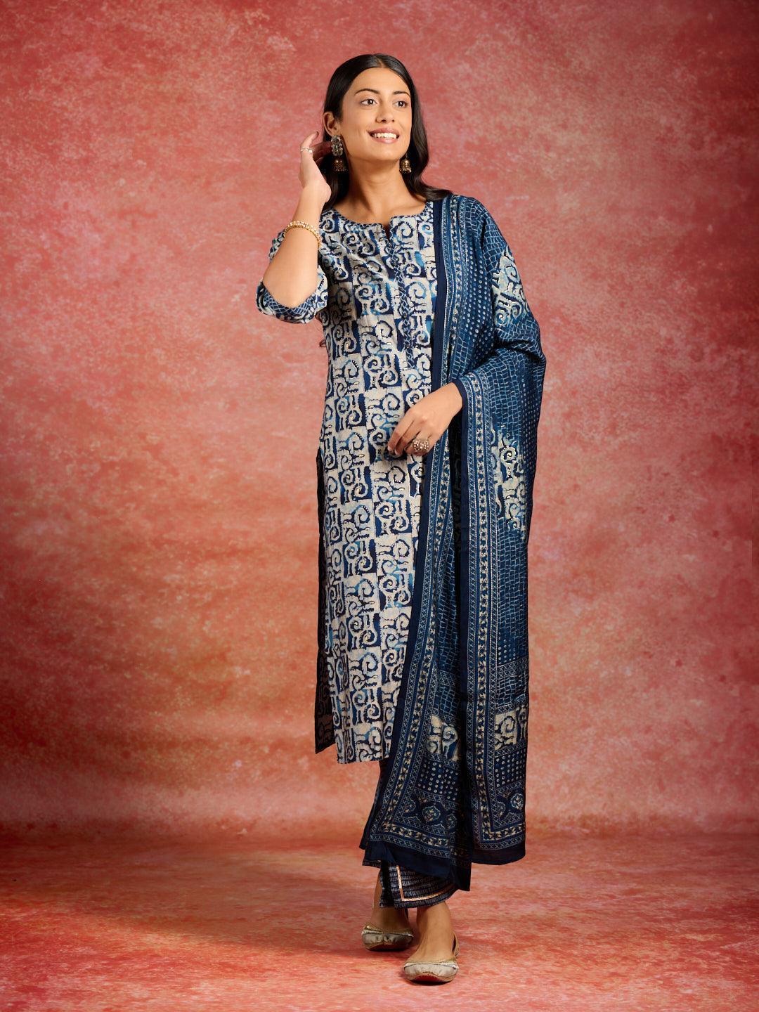 Blue Printed Silk Blend Straight Kurta With Trousers & Dupatta - ShopLibas