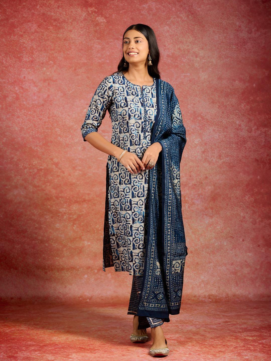 Blue Printed Silk Blend Straight Suit With Dupatta