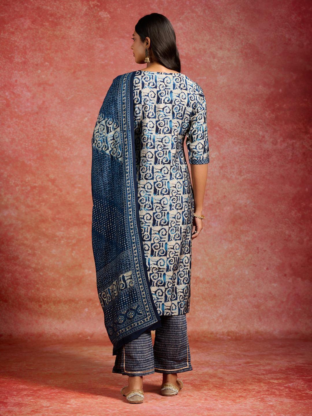 Blue Printed Silk Blend Straight Suit With Dupatta