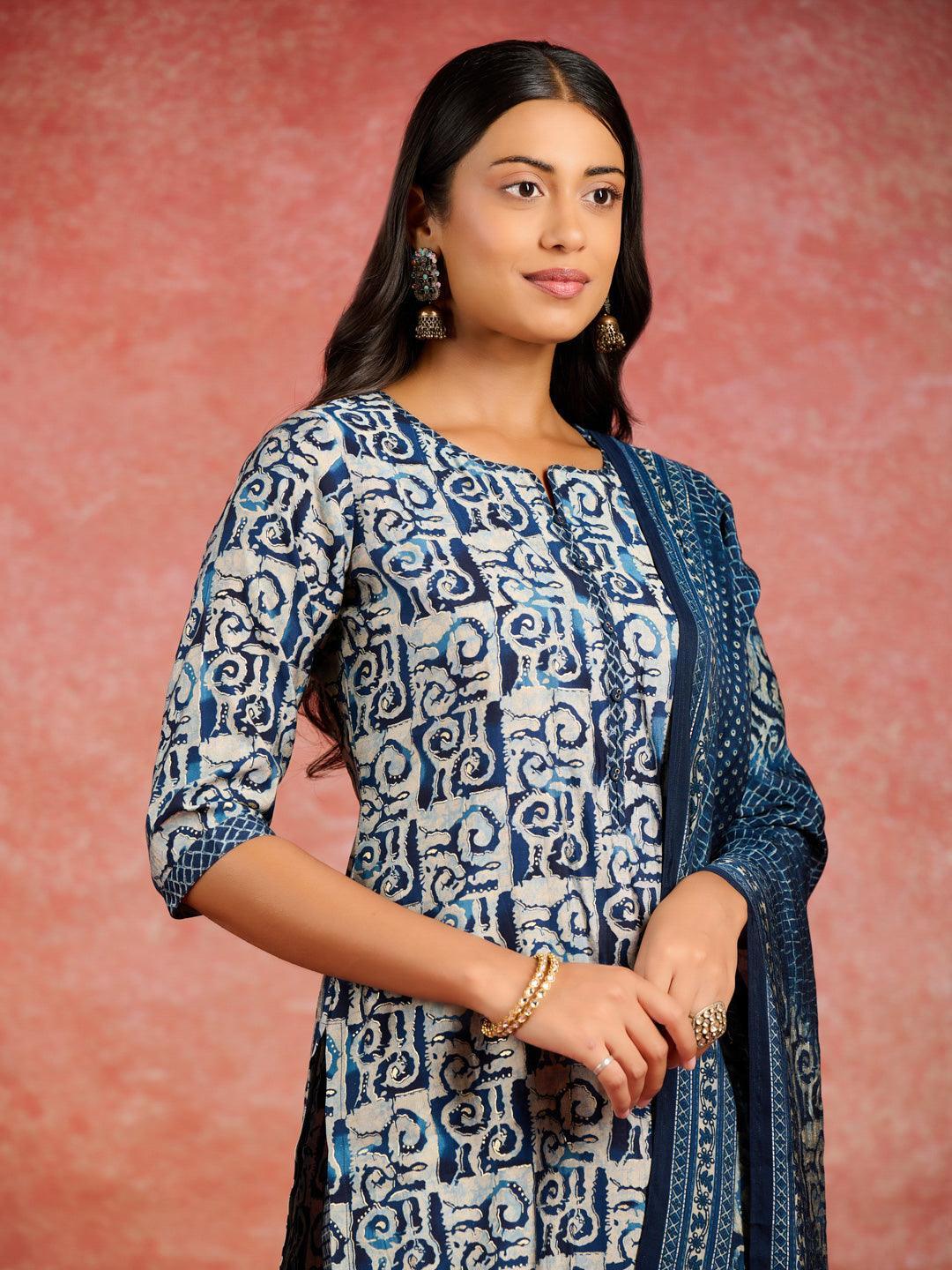 Blue Printed Silk Blend Straight Suit With Dupatta